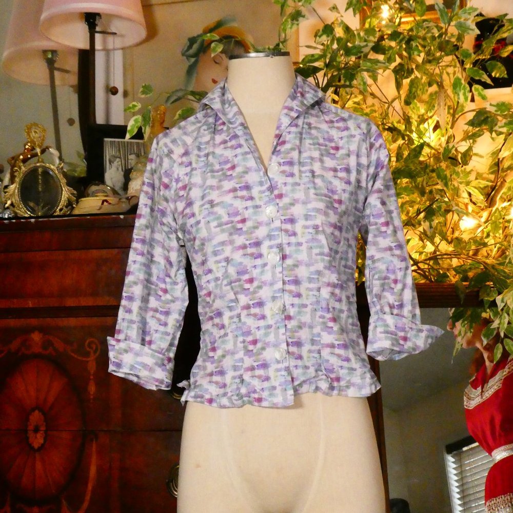 Vivien of Holloway 1950's Style Purple Watercolor Print Raglan Top Sz 10 - Picture 2 of 12
